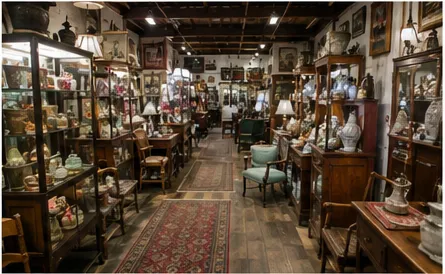 Aisle of display cases, lamps, and furniture at the market