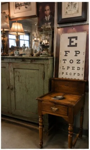 Primitive washstand and cupboard beside a vintage eye chart