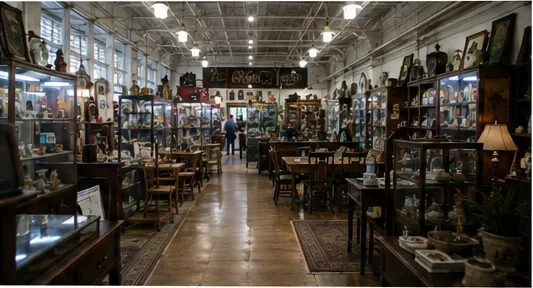 Rows of vendor booths and display cases inside the market