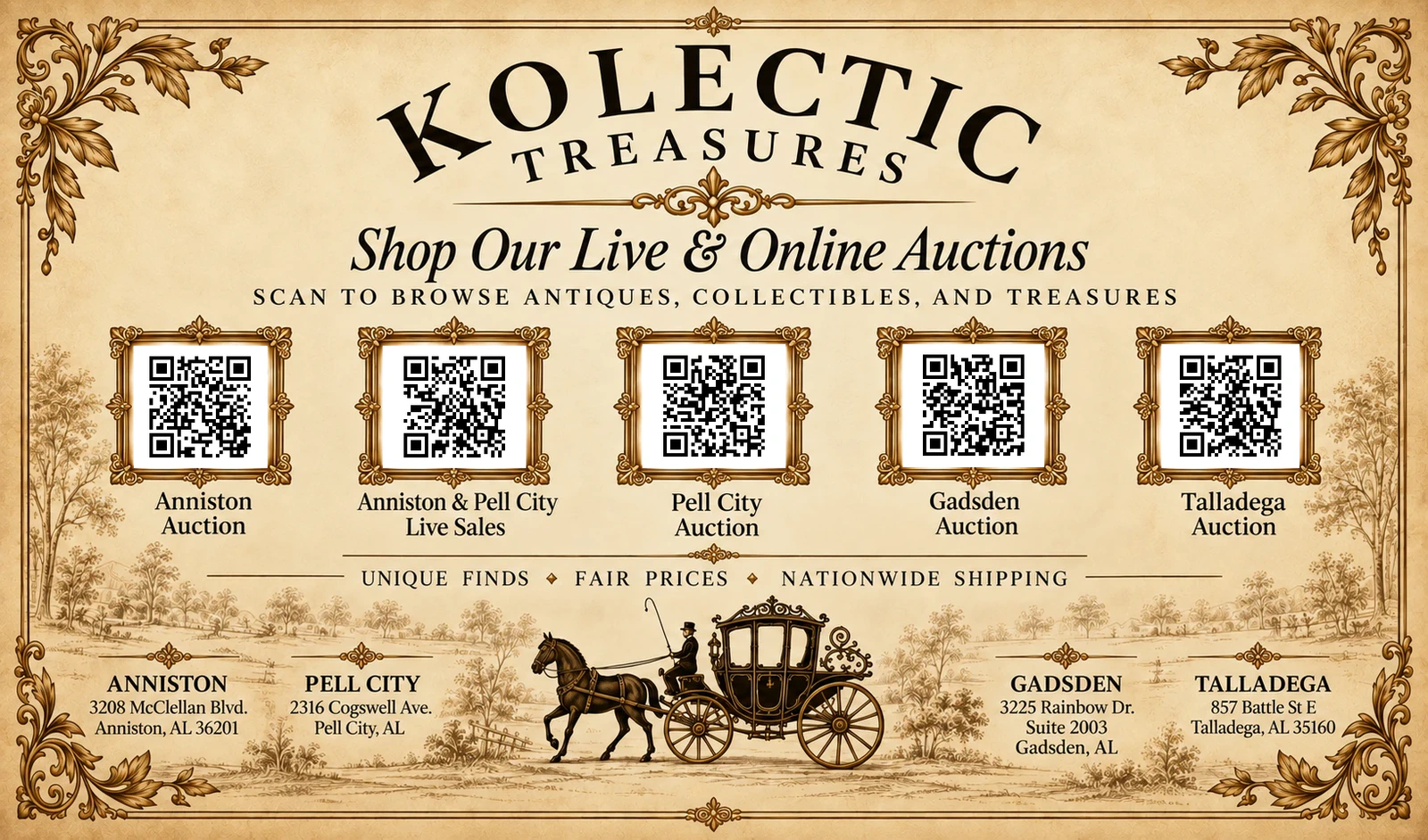Shop our live & online auctions — scan a QR code for the Anniston Auction, Anniston & Pell City Live Sales, Pell City Auction, Gadsden Auction, or Talladega Auction