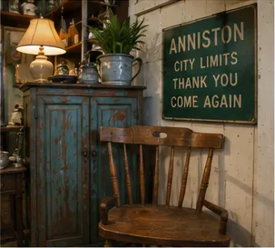 Blue painted cabinet and chair beside an Anniston city-limits sign