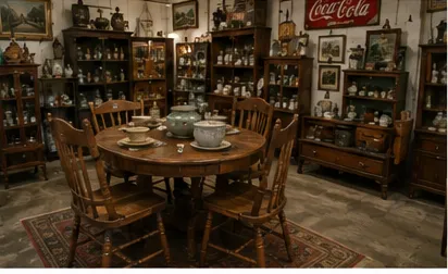 Antique round dining table and pressback chairs